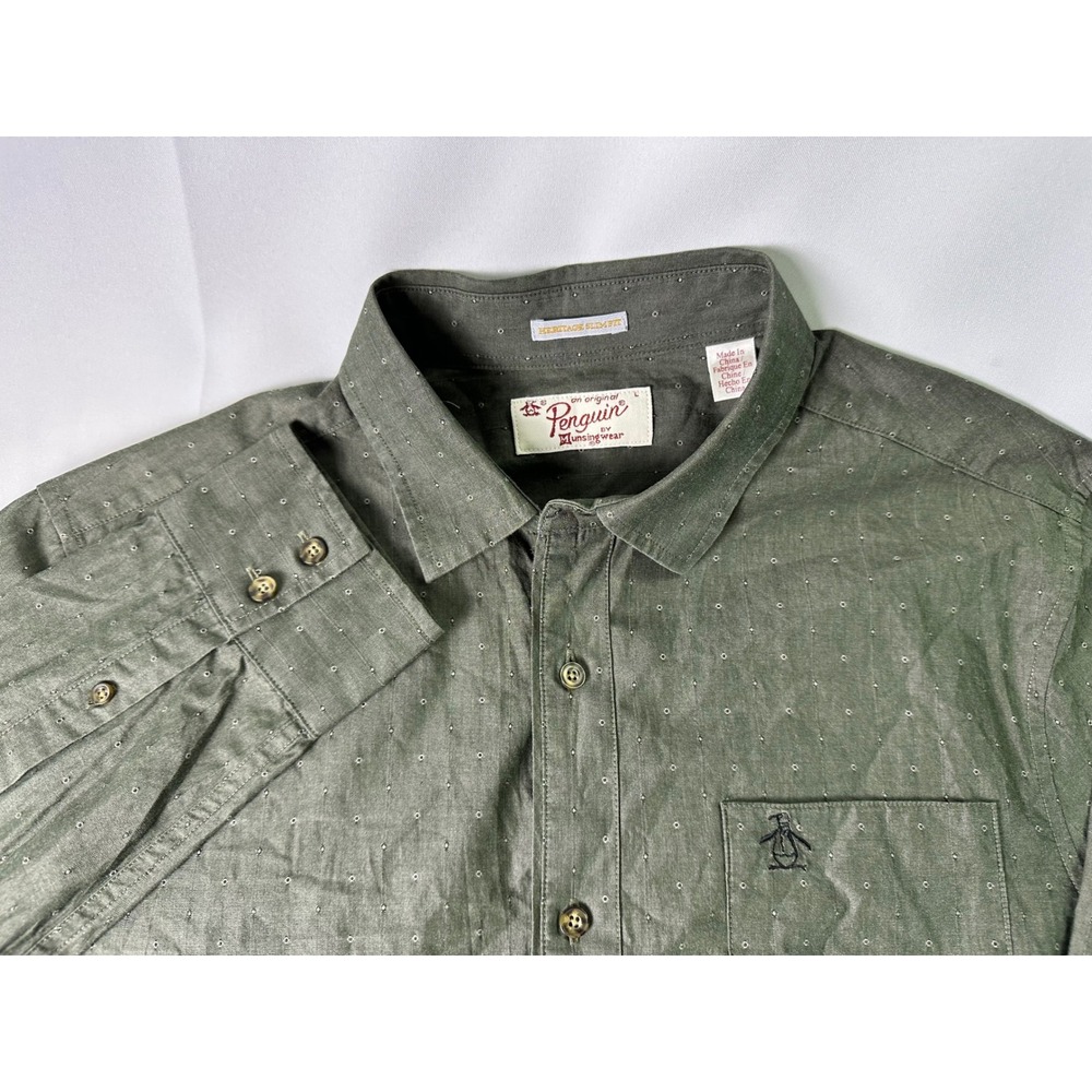 Penguin Menswear Olive Green Dotted Button Down Long Sleeve Shirt Size Large